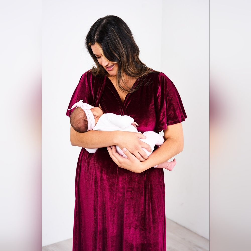 Latched Mama Cranberry Velvet Nursing Dress With Pockets - XL